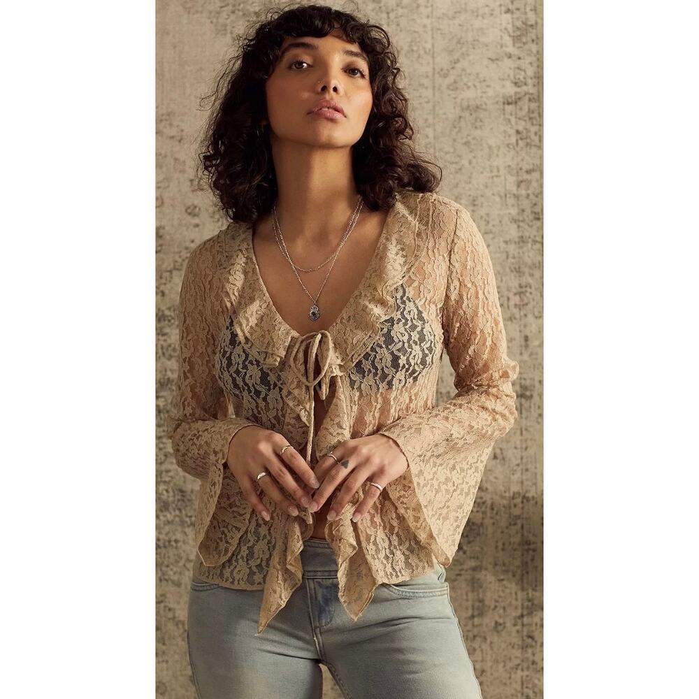 Y2K Sheer Lace Tie Front Blouse Small Bell Sleeve Ruffle Coquette Fairy Boho Top